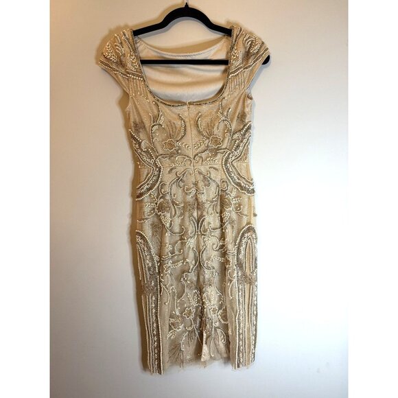 Theia Silvia Bateau Beaded Midi Dress Tan Metallic Sample Size 0  $845 [jb] - Picture 10 of 12